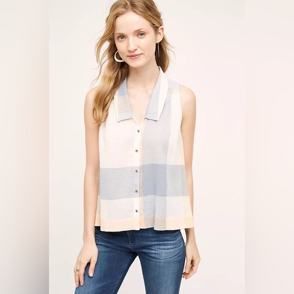 Anthropologie Sleeveless Button-Front Tank in Soft Pastel Plaid